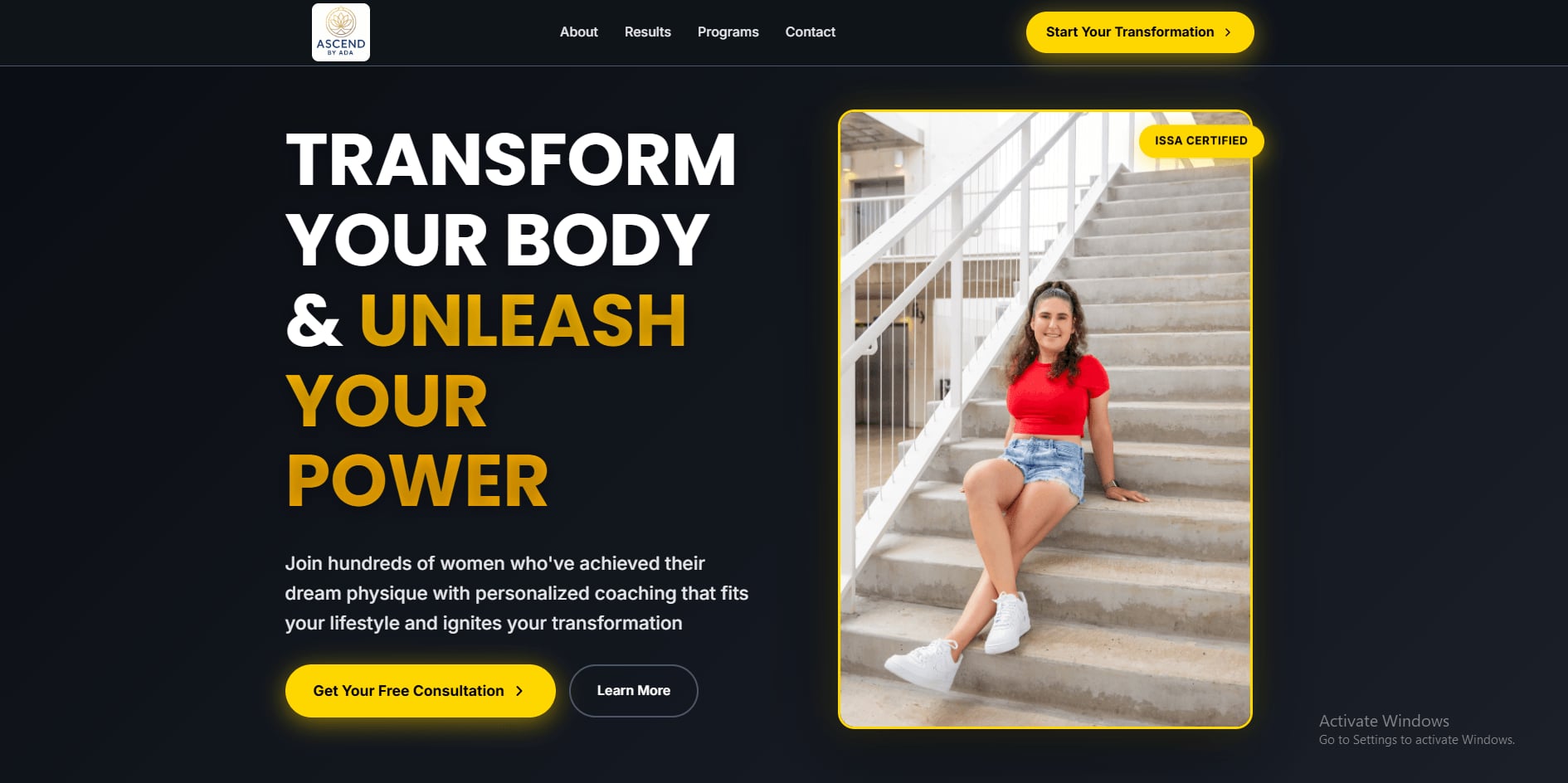 Fitness coach website homepage