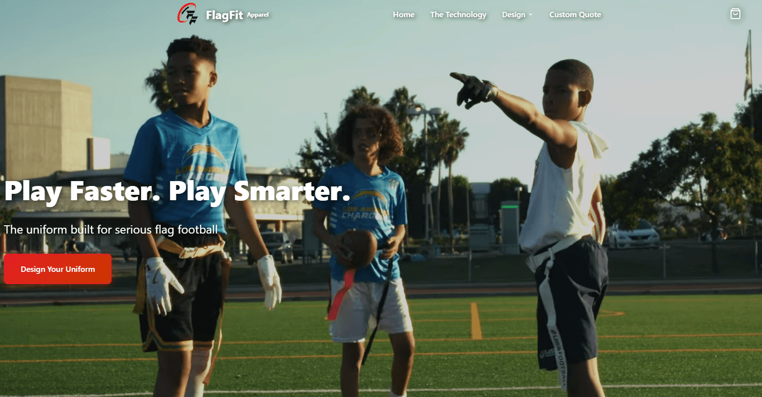 Flag football uniforms website homepage