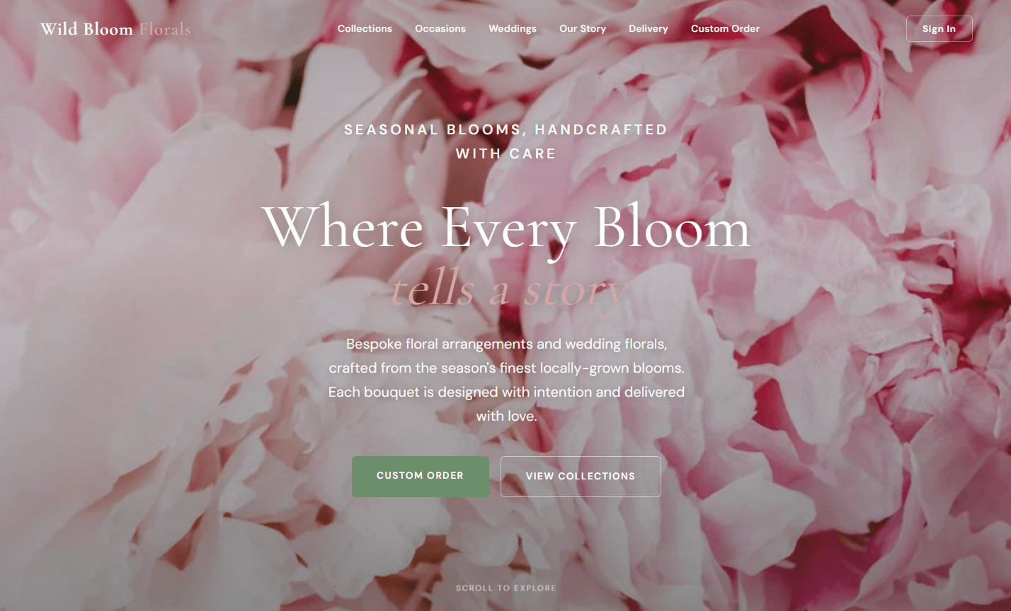 Florist website homepage with pink flowers