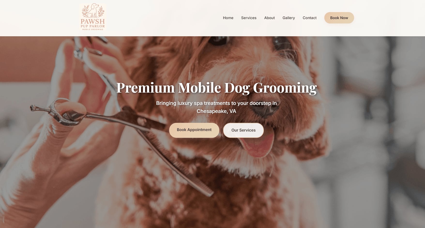 Mobile dog grooming service website homepage