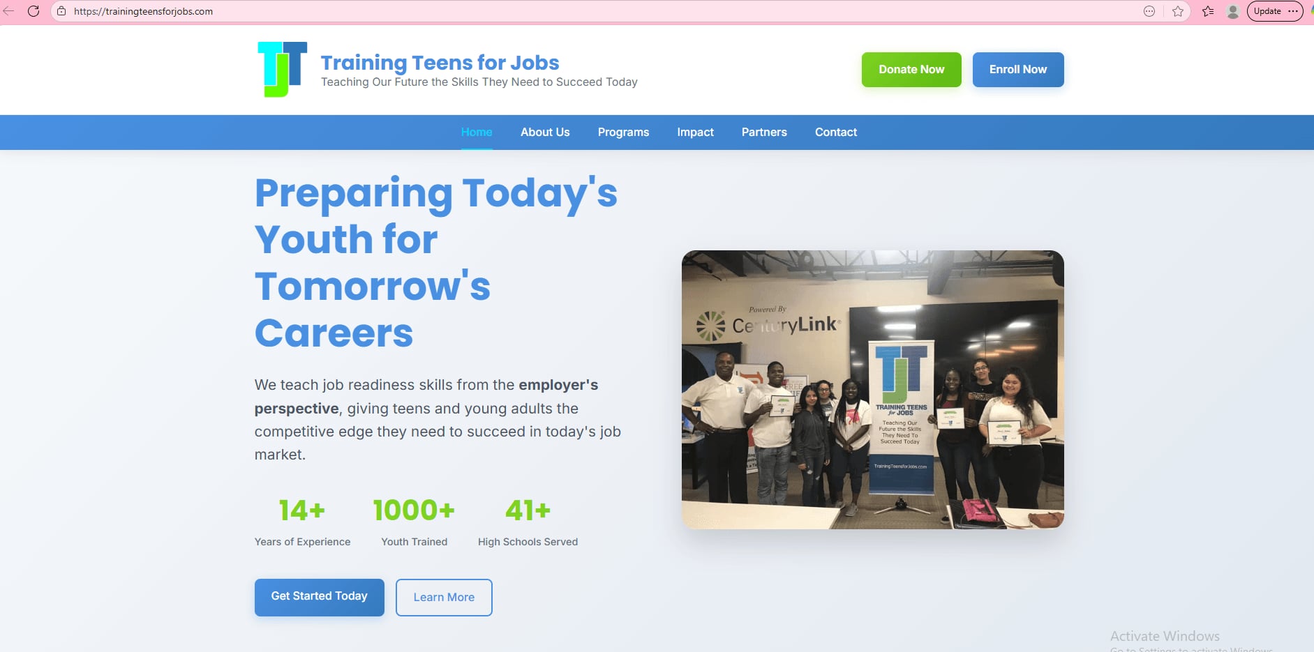 Training teens for jobs website homepage