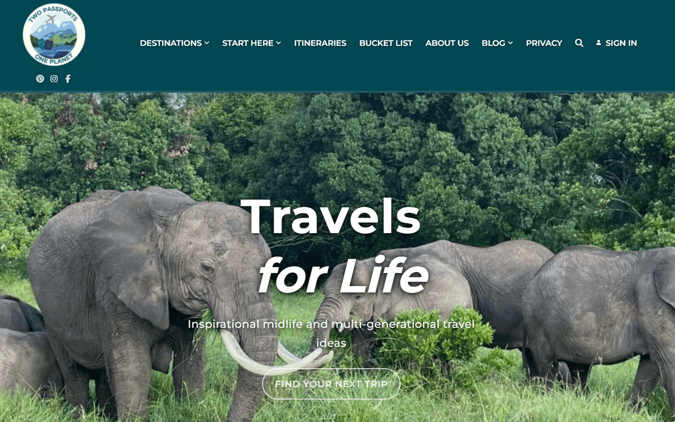 Travel blog homepage featuring elephants