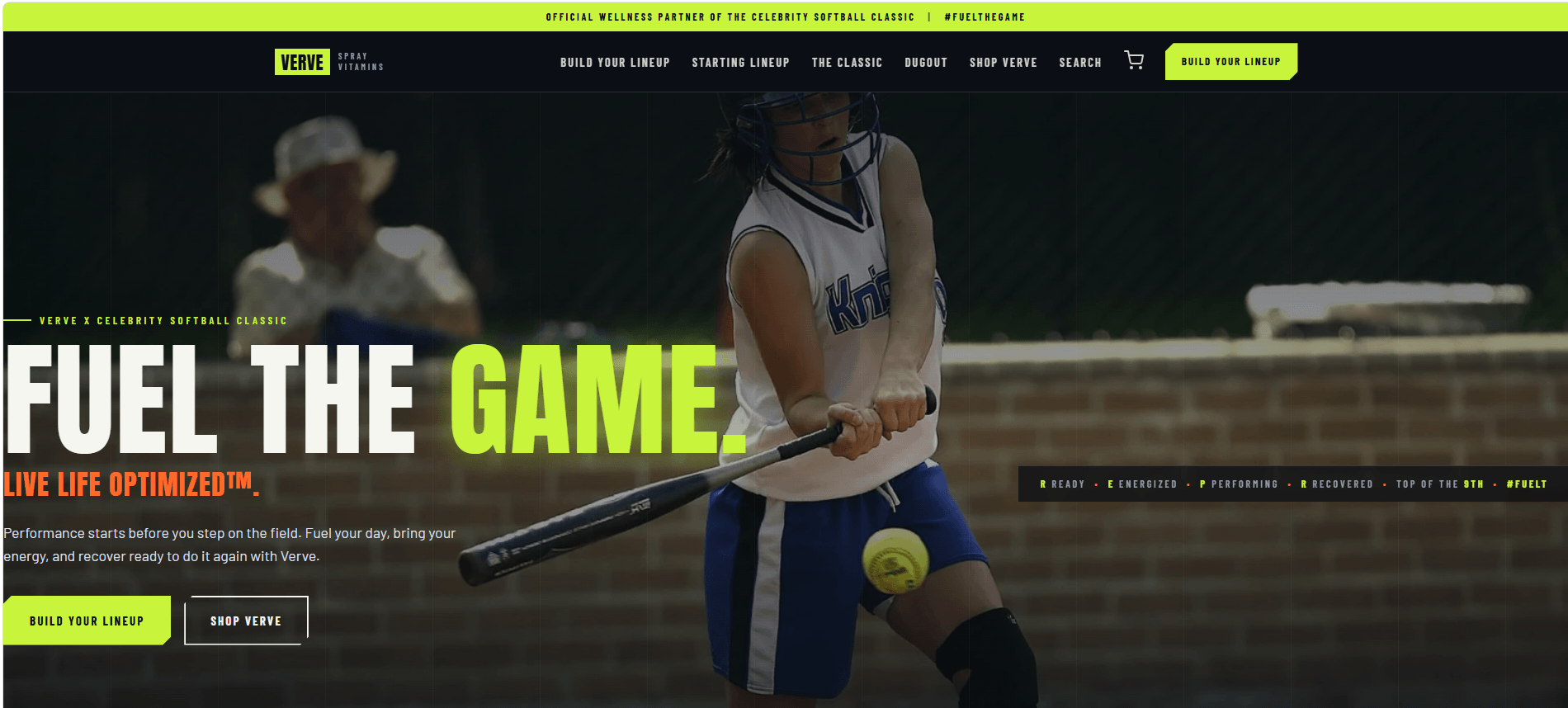 Verve Softball website homepage with bold athletic design
