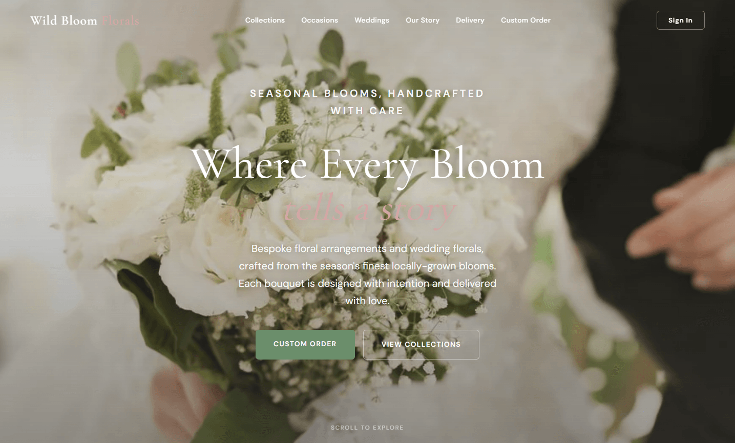 Wild Bloom Florals website homepage with soft floral design