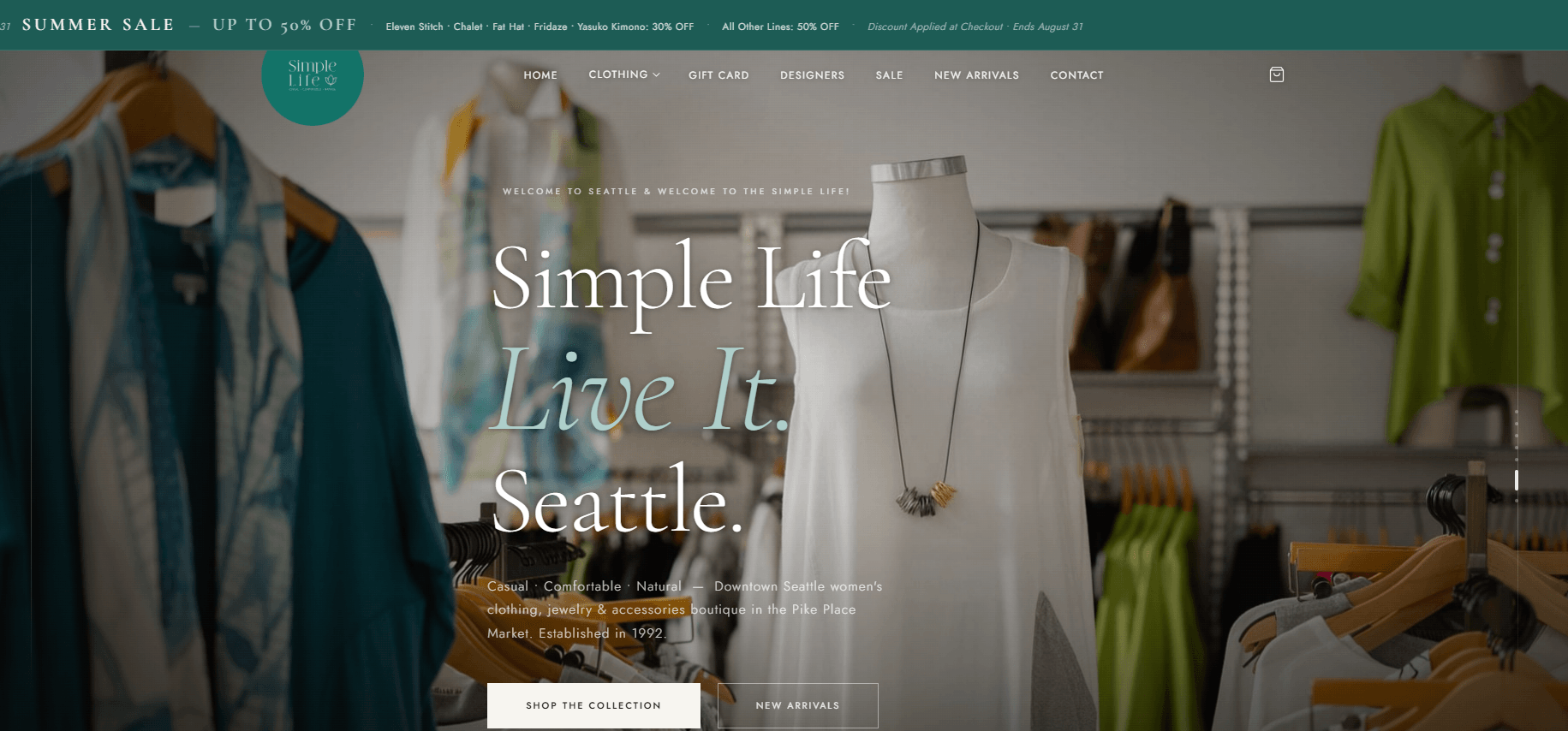 Women's clothing boutique website homepage